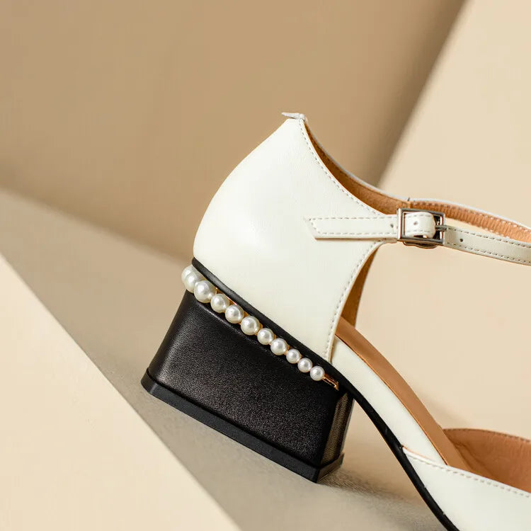 Sheepskin Leather Pumps Pearls Chunky Heels Shoes Brand Two Tone Buckle Pumps Wedding Party Dressy Shoes