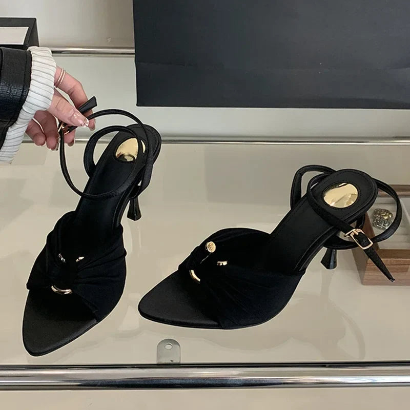 Comfort Hollow Out Metal Buckle Decoration Elegant Satin Ankle Strap Heels Pointed Toe Party Shoes