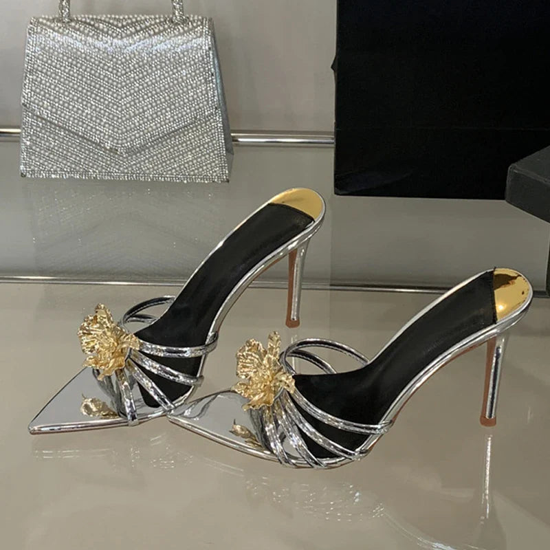Pointed Toe White High Heels Party Slippers Metal Flowers Sandal Banquet Shoes Mules Slides