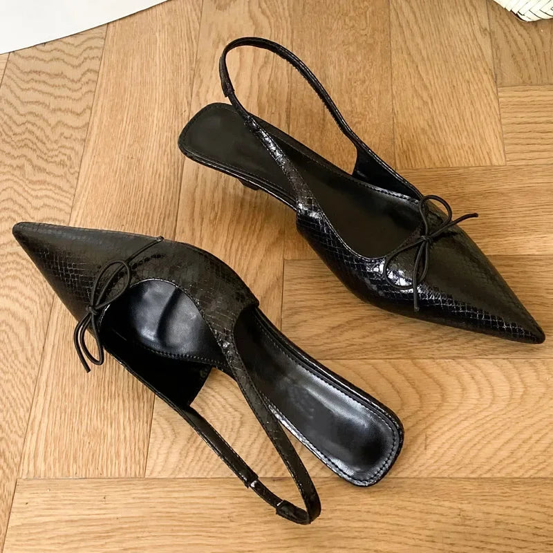 Butterfly-knot Thin Low Heels Sandals Elegant Pointed Toe Slip-On Slingback Shoes