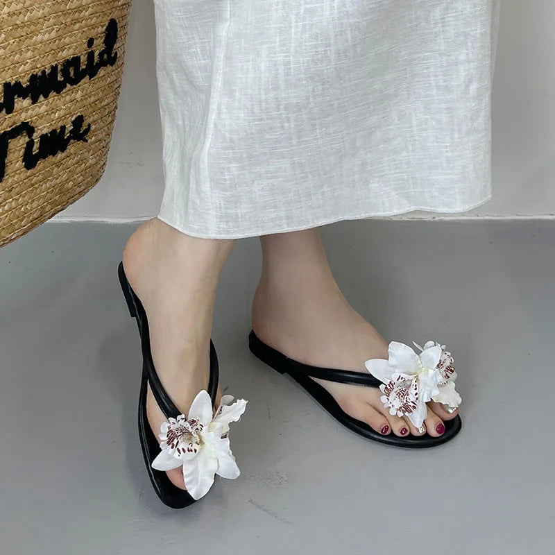 Pink Flower Flats Slippers Beach Round Toe Flip flops Flats Slippers Slides Sandals Shoes