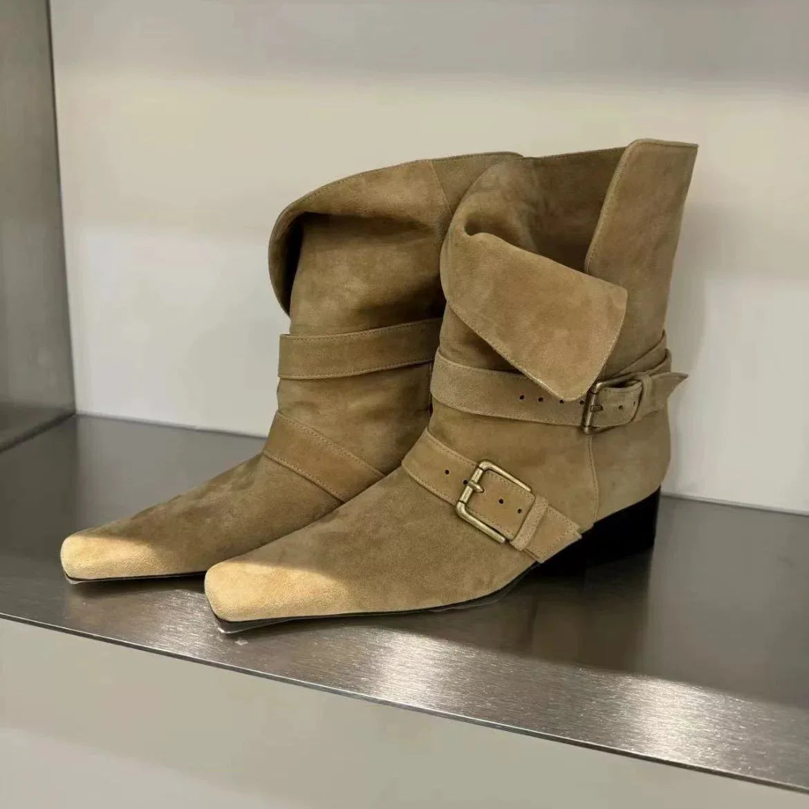 Genuine Leather Butterfly Knot Wrapped Strap Short Ankle Boots Polished Color Distressed Flat Bottomed Bare Shoes