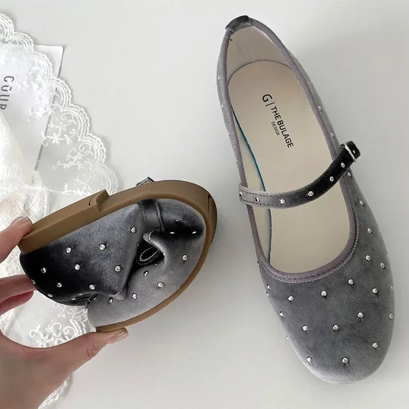 Cute Satin Velvet Rivet Decoration Flat Shoes Comfort Mary Jane Shoe Elegant Ballet Flats Loafers
