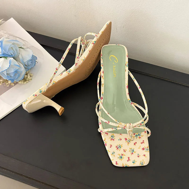 Shallow Thin Heel Slippers Slides Square Toe Medium Heel Sandals Shoes Flip flops Pumps