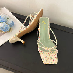 Shallow Thin Heel Slippers Slides Square Toe Medium Heel Sandals Shoes Flip flops Pumps