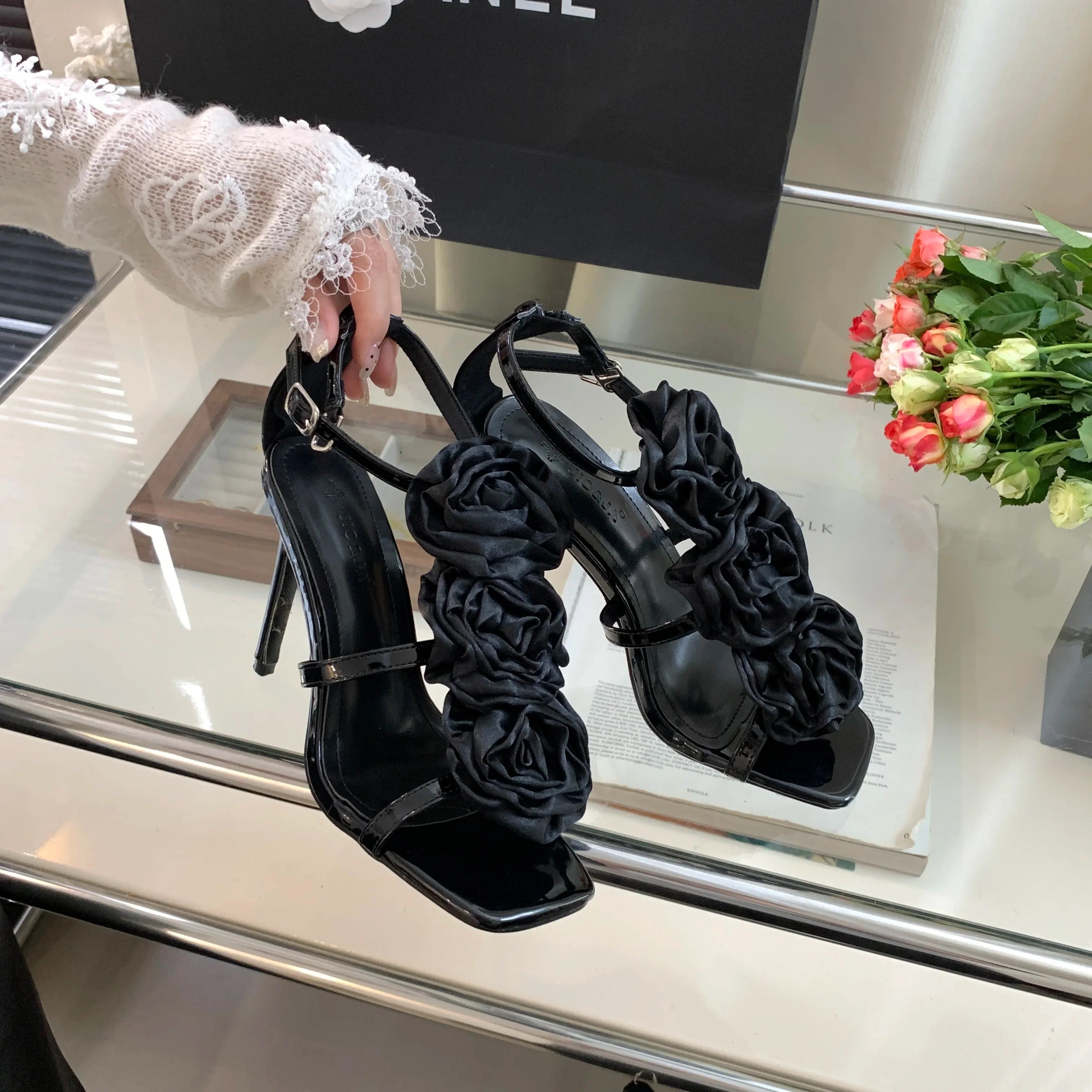 Flower Heeled Sandal Silk Rose Flower Open-toe Stiletto Shoes Roman Sandals 35-40 Sizes High Heels
