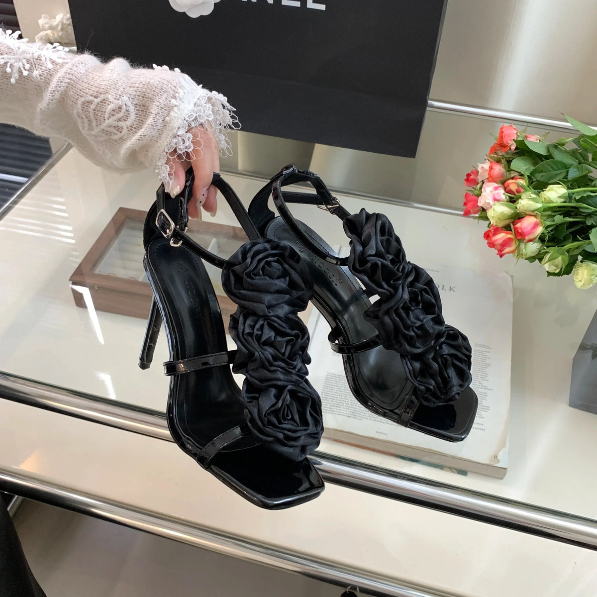 Flower Heeled Sandal Silk Rose Flower Open-toe Stiletto Shoes Roman Sandals 35-40 Sizes High Heels