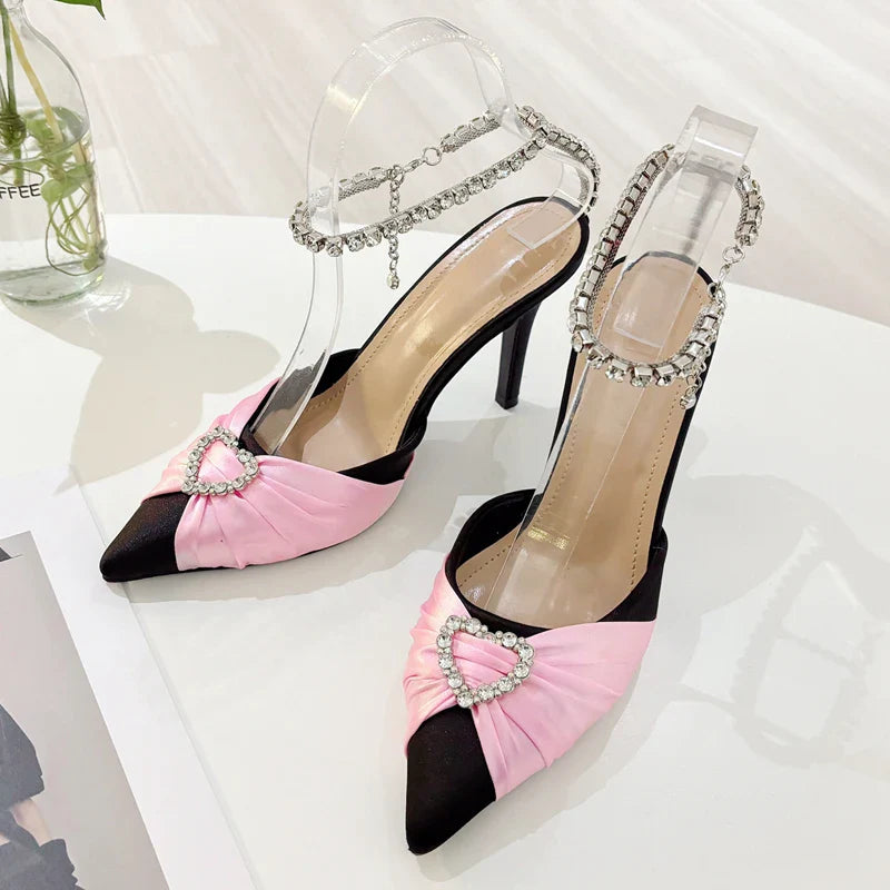 Elegant Crystal Buckle Strap Pointed Toe Prom Thin Heels Sandals Mule Party Shoes