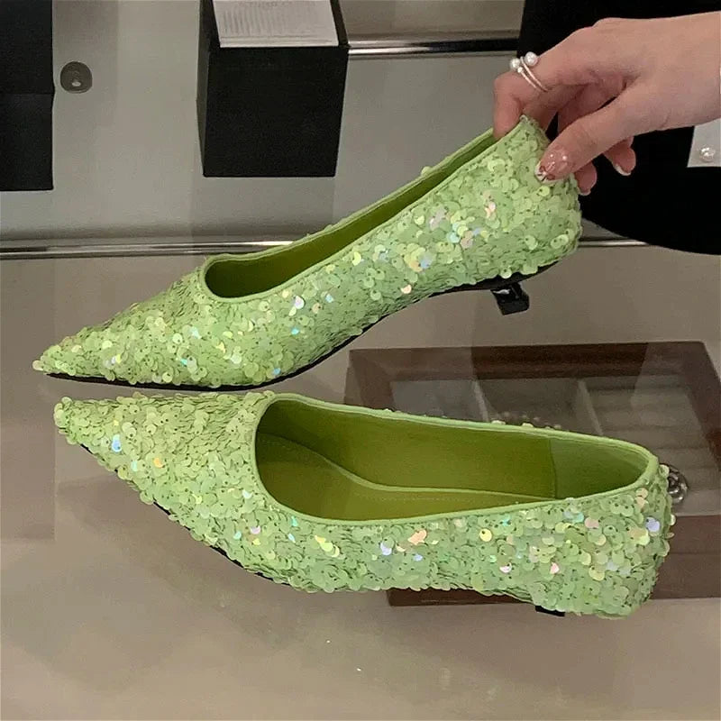 Bling Pumps Footwear Pointed Toe Shallow Low Heel Comfort Elegant High Heels Zapatos De Mujer
