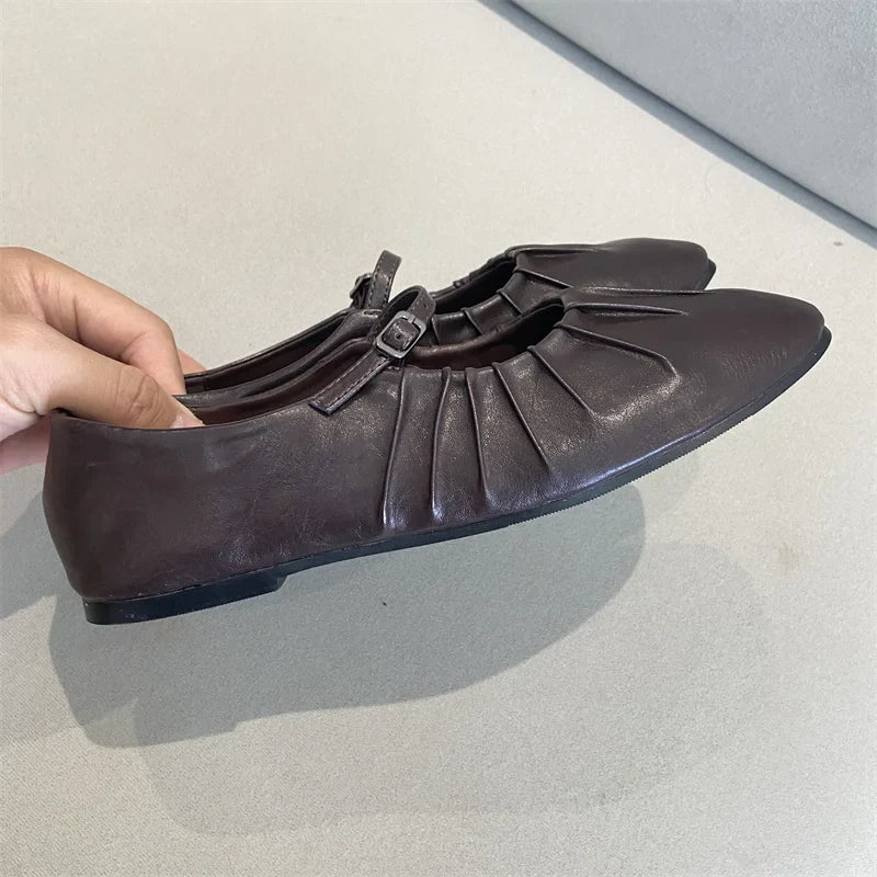 Pleated Mary Janes Flats Shoes Square Toe Pu Leather Comfortable Elegant Red Shoes Shallow Black Ballet Flats