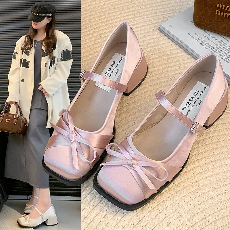 Pink bow high heels and square-headed silk ribbon buckle single shoes shallow thick-heeled shoes