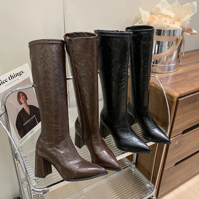 Knee High Boots Knight Long Booties Square High Heels Shoes Botas Mujer
