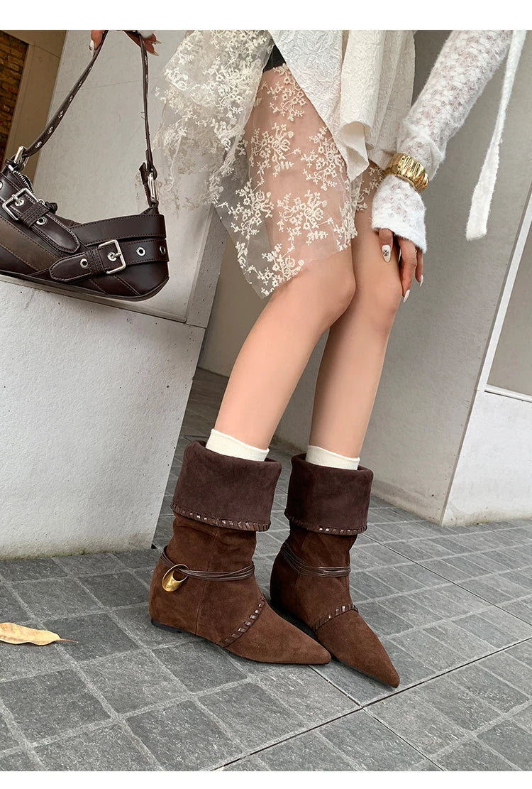 Mid Calf Boots Pointed Toe Flats Shoes Chelsea Boots Casual Walking Suede Zapatos Goth Mujer Botas