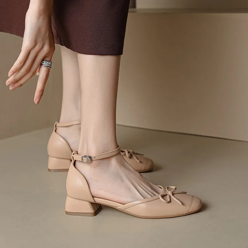 Sweet Retro Butterfly Knot Genuine Leather Thick Heels Ankle Strap Shoes Woman Party Wedding