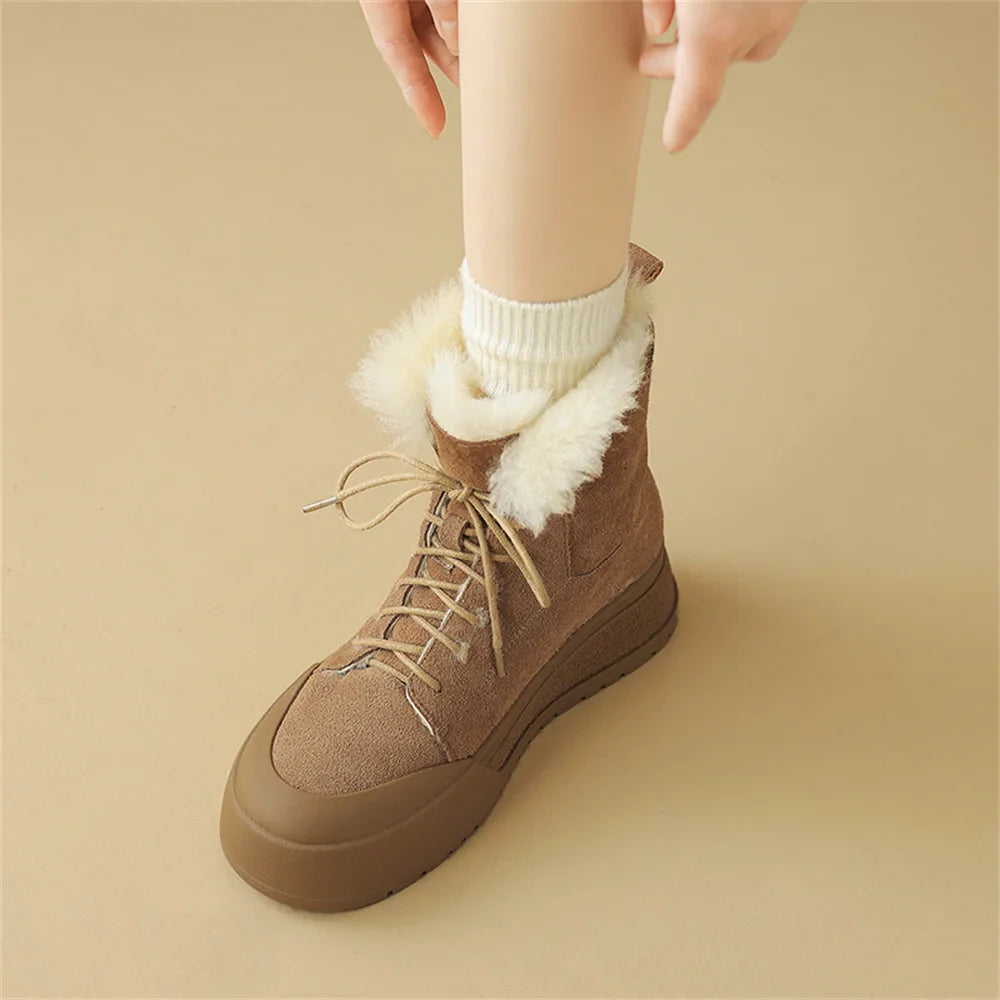 Wool Snow Boots Flats With Platforms Cross-tied Ankle Boots Round Toe Fur Short Warm Boots Shoes