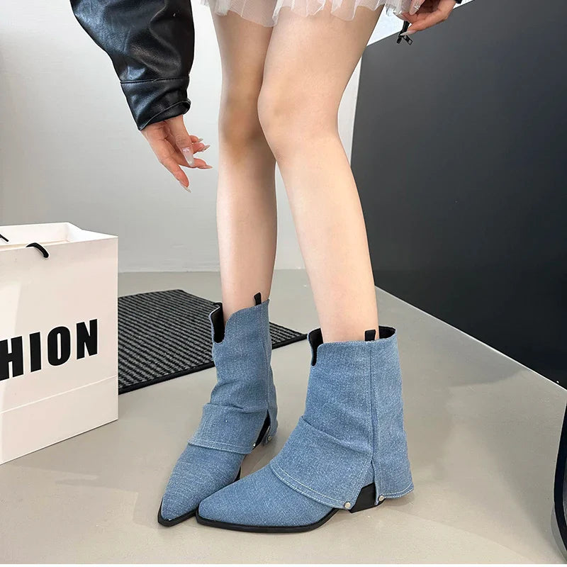 Western Cowboy Boots Vintage Pointed Toe Shoes Thick Heel Short Botas Zapatos De Mujer