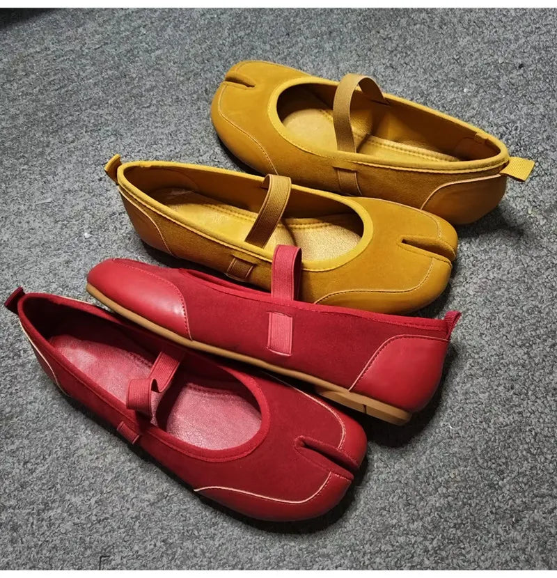 Split toe Faux suede Patchwork Tabi Ballet Flats Mary Janes Walking Loafers Casual Girls Dance Shoes