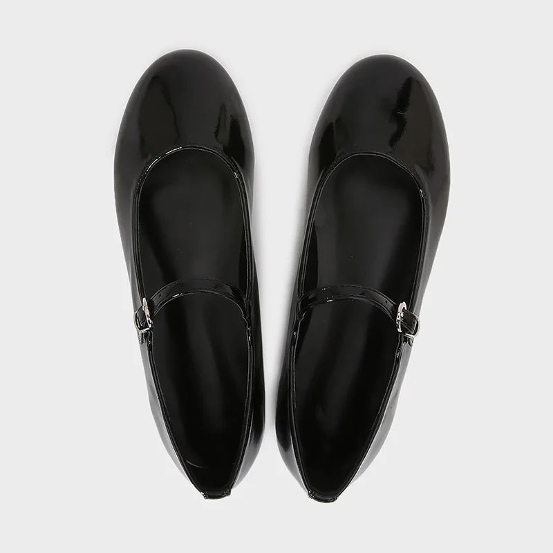 Brand Patent Leather Round Toe Ballet Flats Shallow Belt Buckle Shoes Elegant Party