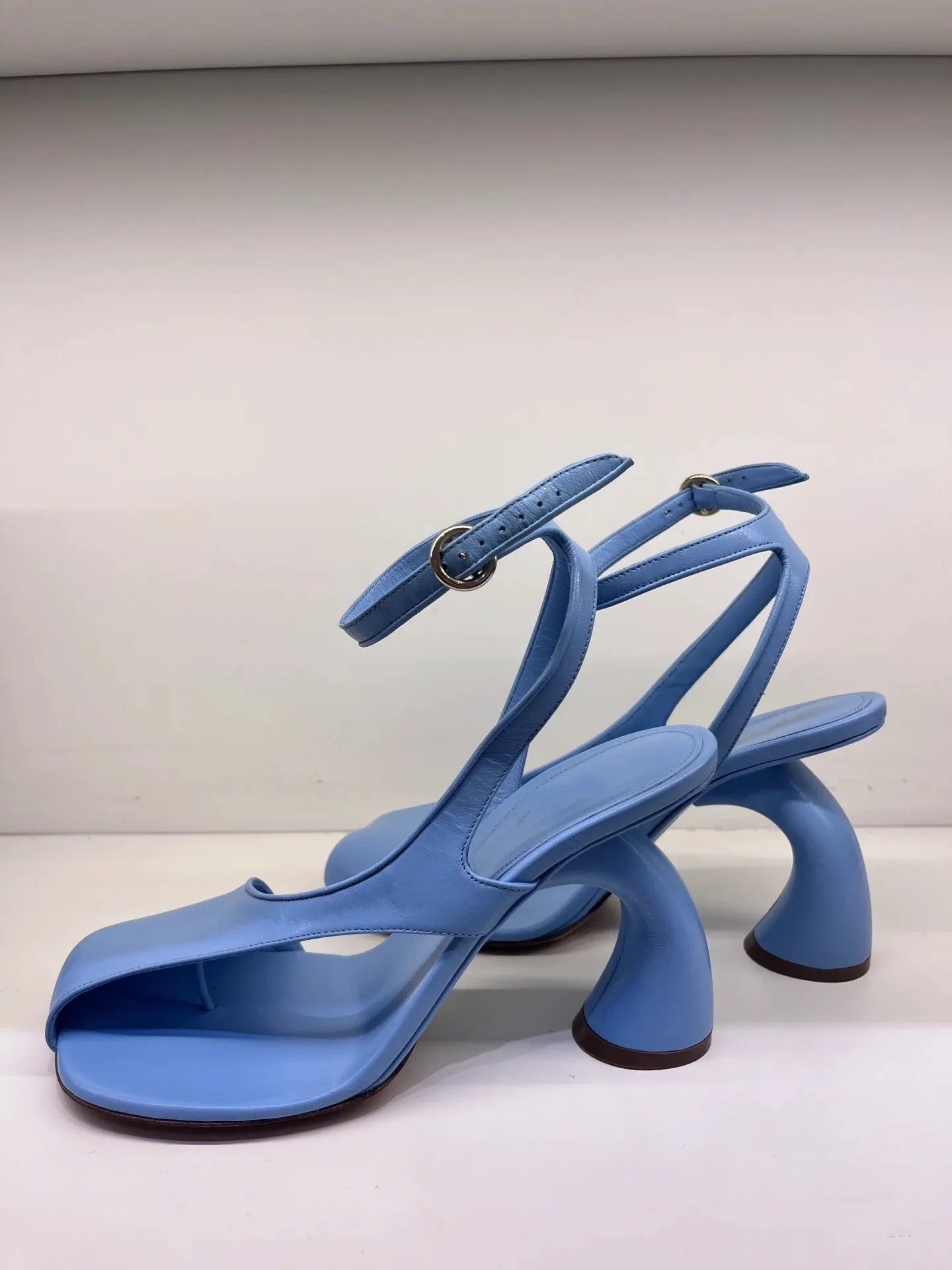 Leather Sandals Square Toe Ankle Strap Chunky Heel Elegant Party Evening