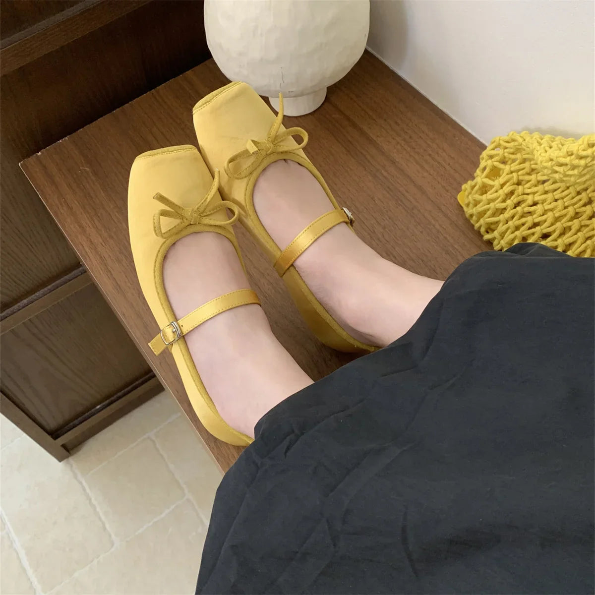Woman Shallow Mouth Grandma Soft Bow-Knot Square Toe Elegant Ballet Dress Butterfly