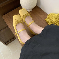 Woman Shallow Mouth Grandma Soft Bow-Knot Square Toe Elegant Ballet Dress Butterfly