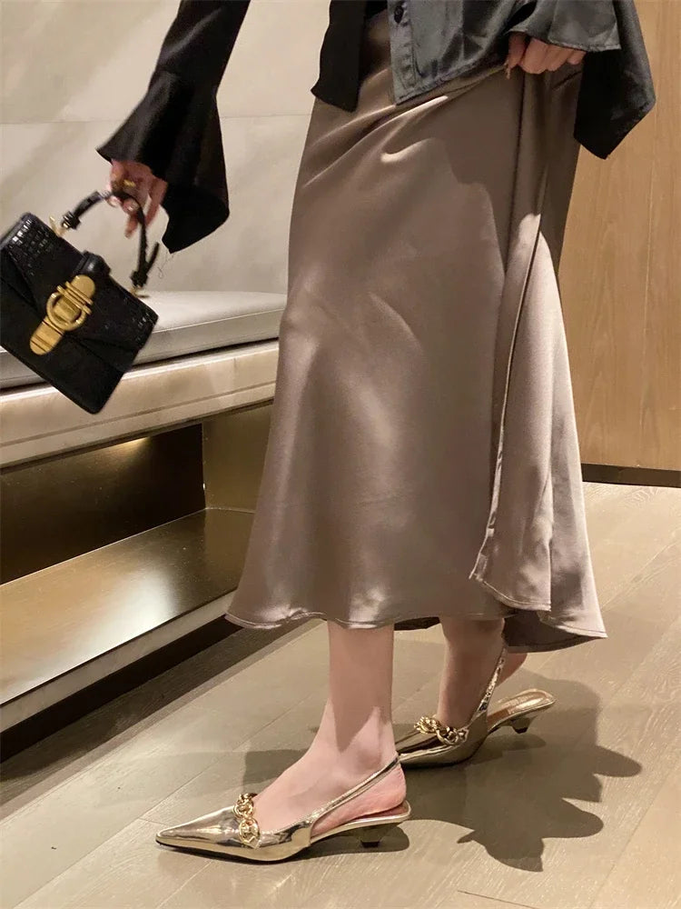 Elegant Metal Decoration Pointed Toe Thin Low Heels Sandals Casual Dress Mules Shoes