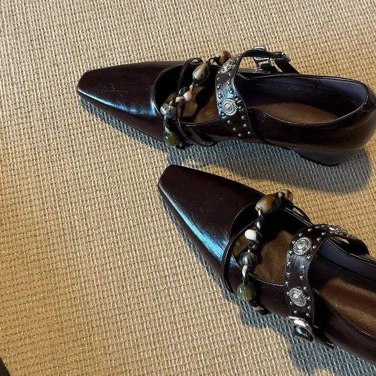 Genuine Leather Flat Shoes Square Toe Mary Jane Style Shoes Bead Decoration Comfortable Loafers Shoes
