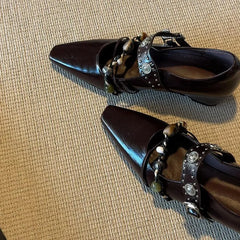 Genuine Leather Flat Shoes Square Toe Mary Jane Style Shoes Bead Decoration Comfortable Loafers Shoes