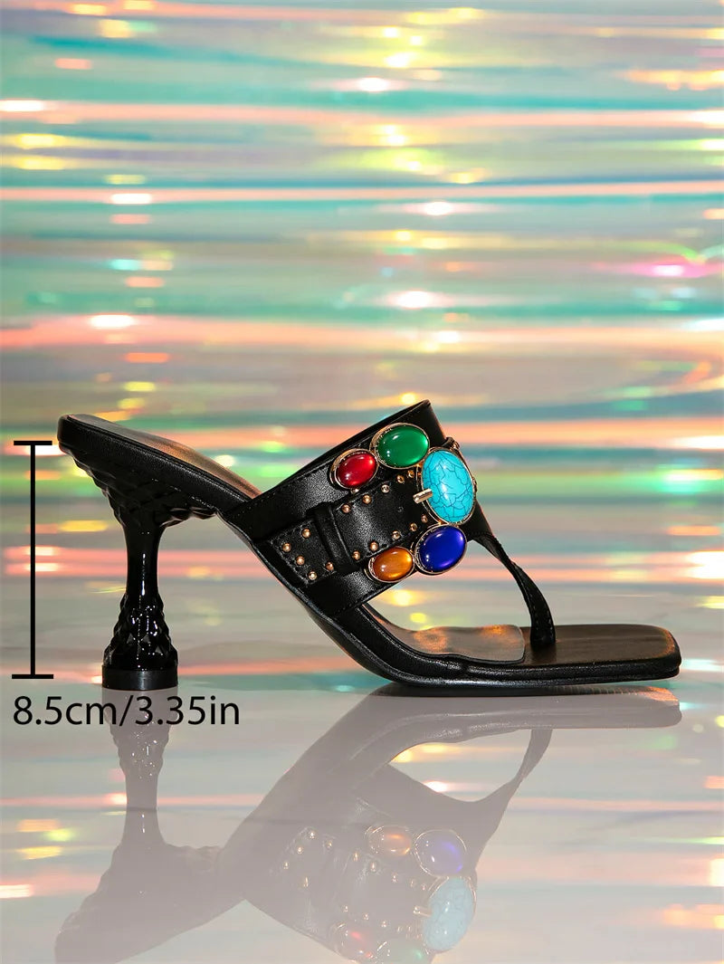Design Colour Gem Buckle Slippers Gladiator Sandal Mules Slides Shoes Low Heels Flip Flops Size 36-42