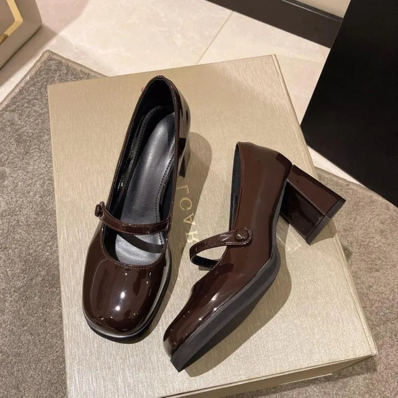 French Retro Leather Chunky Mary Jane Shoes Soft Soled Slip-on High Heels JK