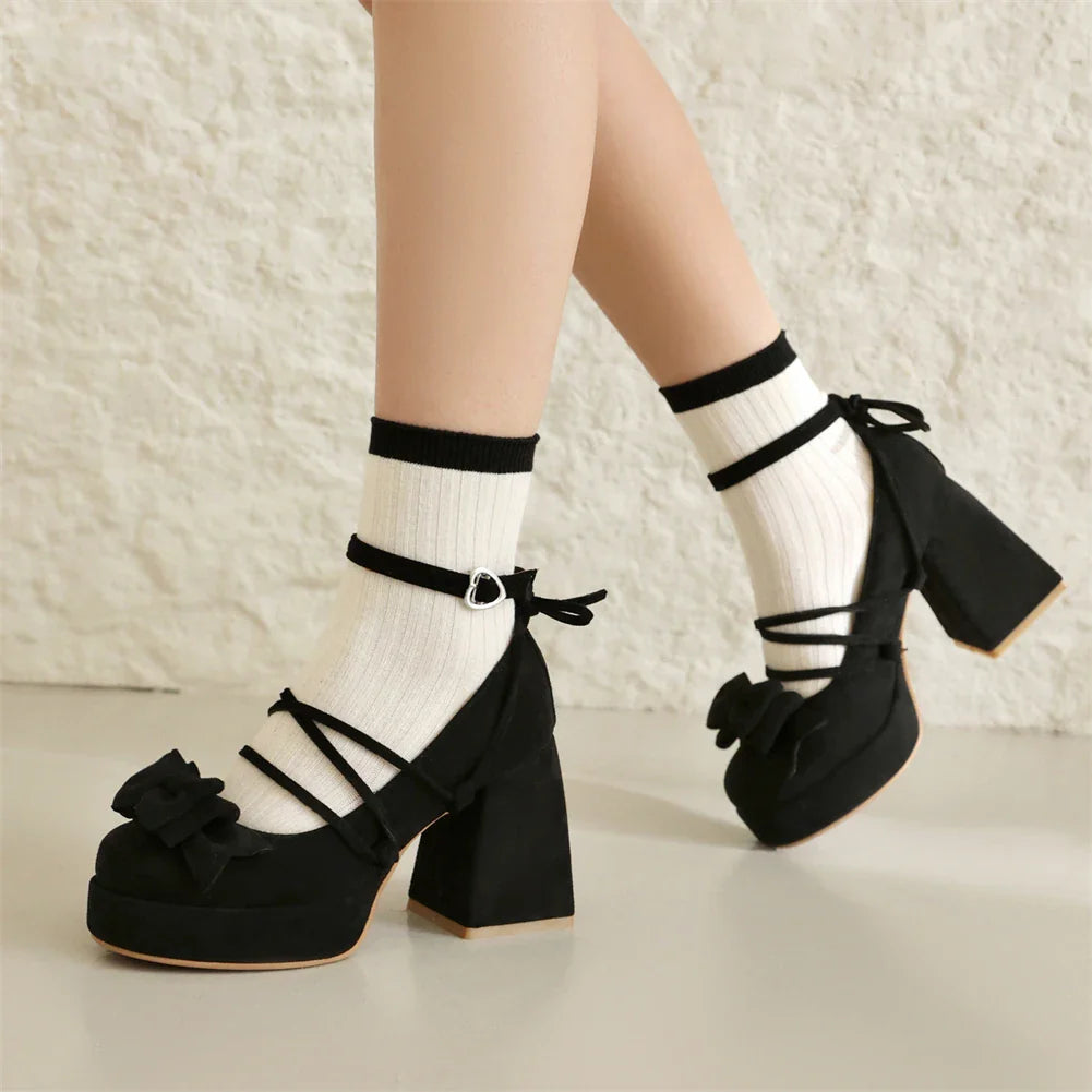 Lolita Bow Bow Decor Pumps Platform Chunky High Heels Ankle Strap Sweet Cute Elegant Pumps
