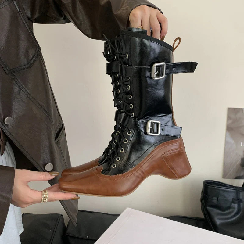 Yellow Cowboy Boots Lace Up Belt Buckle Block Heels Mid-calf Western Boots Vintage Shoes Black Botas Mujer