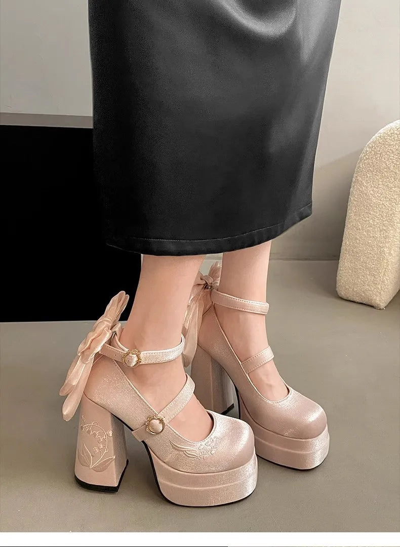 Pink Lolita High Heels Pumps Cute Bow Round Ankle Straps Chunky Platform Mary Jane Shoes Embroidered Heels