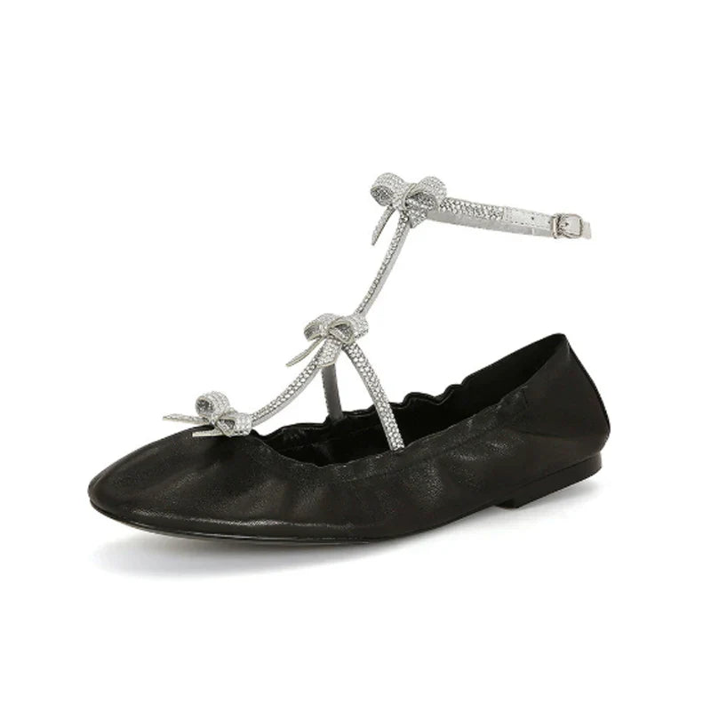 Rhinestone Bow T-Strap Round Toe Flat Ballet Shoes Woman Buckle Mary Jane Shoes Woman Pumps