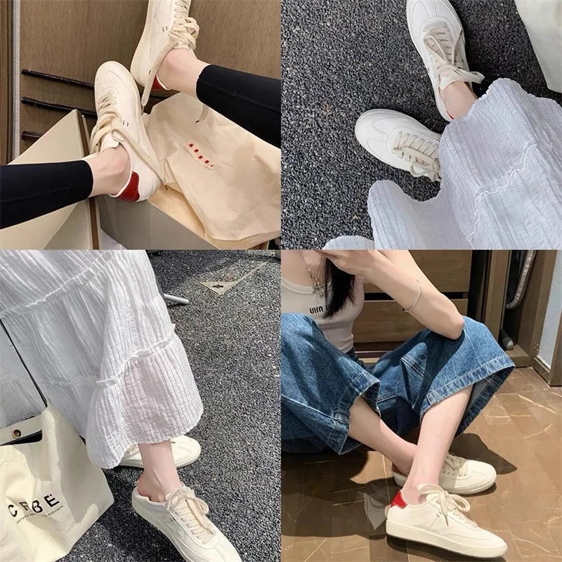 Versatile Breathable Classic Solid Color Round Toe Soft Leather White Flat Sneakers