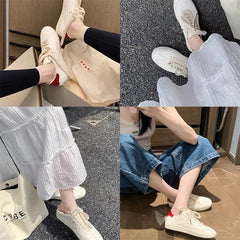 Versatile Breathable Classic Solid Color Round Toe Soft Leather White Flat Sneakers