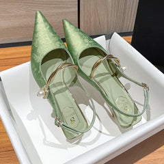 Satin Pointed Toe High Heels Sandals Green Slingback Party Muller Pumps