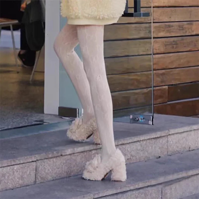 White Teddy Curly Fur Shoes High Heels with Velvet Outer Wear Thick Heels Mary Jane Single Shoes