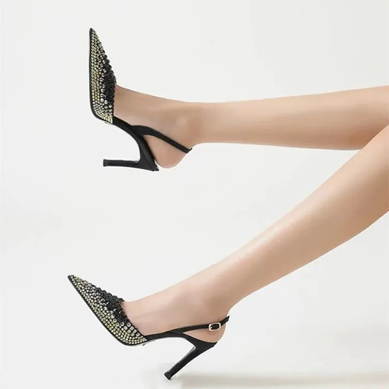Rhinestones Gradient Slingbacks Bling Crystal Banquet Stiletto High Heels Party Prom Shoes