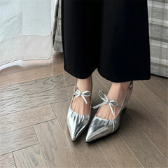Genuine Leather Slingbacks Pumps Pointed Toe Silver Black Wedges Heels Shoes Woman Pumps
