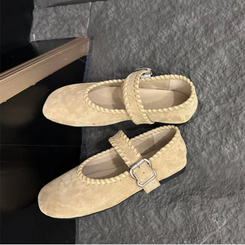 Retro Woven Faux Suede Mary Jane Shoes Metal Buckle Brand Shoes Comfortable Round Toe Shallow Casual Shoe