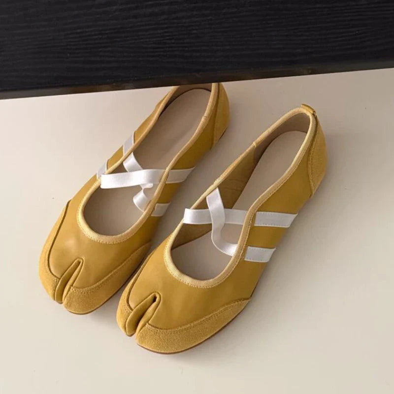 Split-Toe Casual Ballet Flats Shoes Pu Leather Cross Band Mary Janes Shoes Streetwear Elegant Loafers