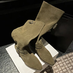 plus size 34-42 natural suede leather flats western boots double metal buckle casual long boots shoes