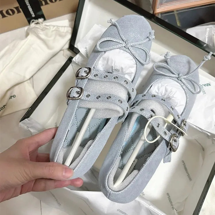 Genuine Leather Bow Mary Jane Shoes Shallow Ballet Style Shoes Outdoor Casual Comfortable Flat Shoes