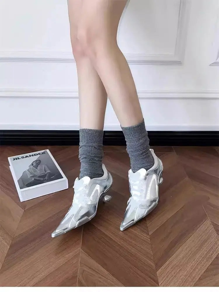 Low Heels Pointed Toe Shoes Lace Up Sports Style High Heels Colorblock Versatile Breathable Mesh Strappy Pumps