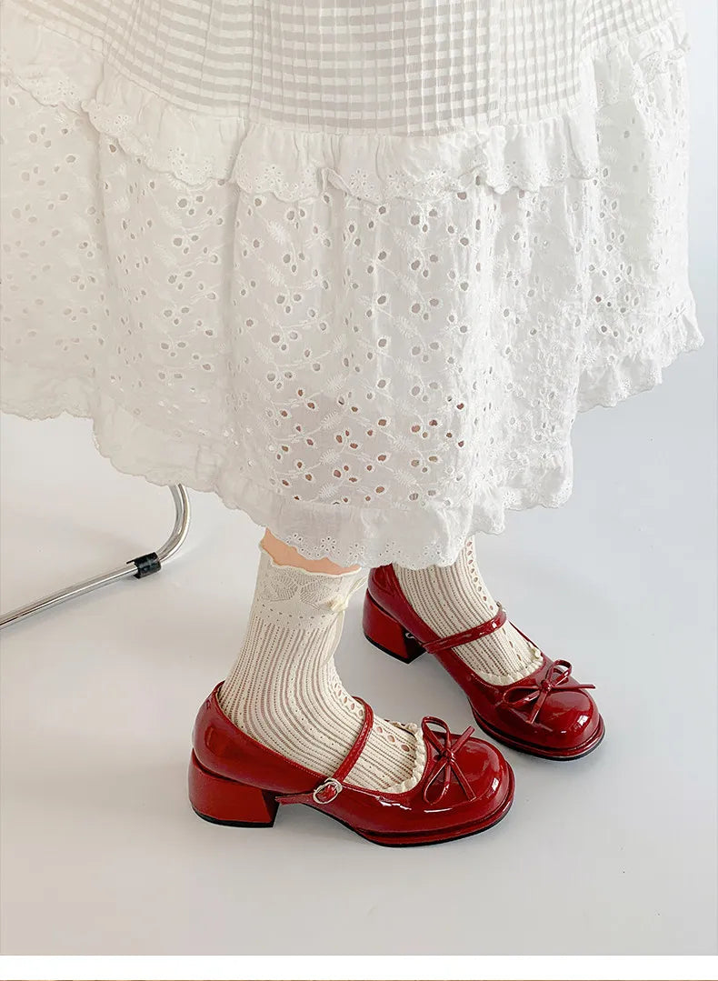 Thick Heel Mary Jane Shoes Concise Butterfly-knot Single Shoes Elegant Dress Leather Pumps