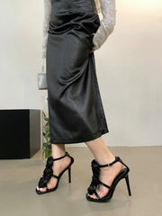 Flower Heeled Sandal Silk Rose Flower Open-toe Stiletto Shoes Roman Sandals 35-40 Sizes High Heels