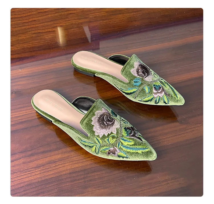 Embroidery Velour Shoes Woman Strange Heel Slippers Design Mules Femme Pointed Toe Wedges Tacones Slides Slip On Pantuflas Mujer