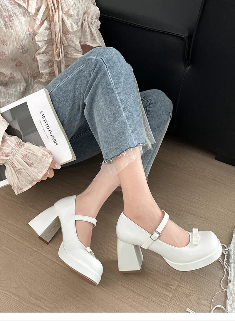 Thick Heel Mary Jane Shoes Outdoor Butterfly-knot Shoes Elegant Wedding Party Pumps
