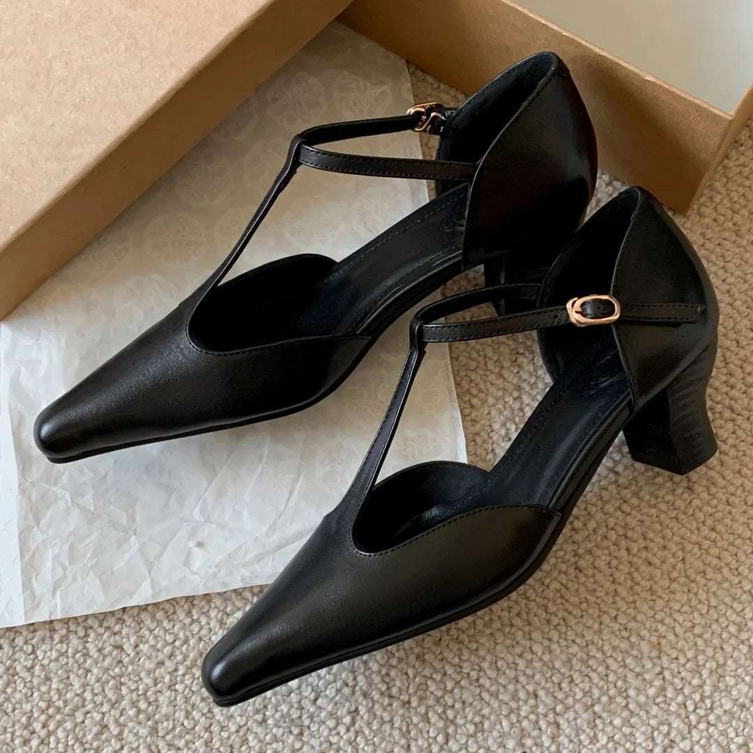 cow leather kitten heel pointed toe t-strap pumps retro gradient color elegant evening dress sandals shoes woman